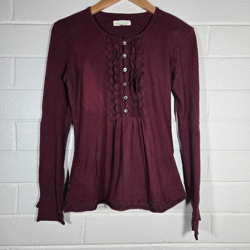 Stewart + Brown Top Medium Maroon Lace Ruffle Henley Waffle Knit Boho Minimalist